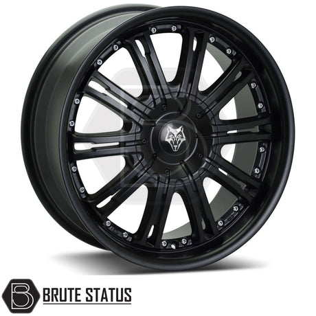 Wolfrace Explorer Vermont Matte Black Wheels with Silver Rivets – Set of 4 – 22x9.5 alloy wheels with 6x139.7 PCD, ET20 offset, centre bore options 67.1–106.1mm, 1150kg load rating, supplied complete with wheel nuts and spigot rings.