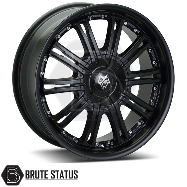 Wolfrace Explorer Vermont Matte Black Wheels with Silver Rivets – Set of 4 – 22x9.5 alloy wheels with 6x139.7 PCD, ET20 offset, centre bore options 67.1–106.1mm, 1150kg load rating, supplied complete with wheel nuts and spigot rings.