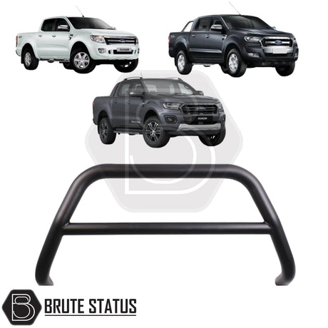 Matte black nudge bar fitted to a 2012–2022 Ford Ranger, made from durable carbon steel to enhance styling and provide bumper protection, with a TÜV-certified, no-drill, DIY installation using chassis-mounted U-brackets.