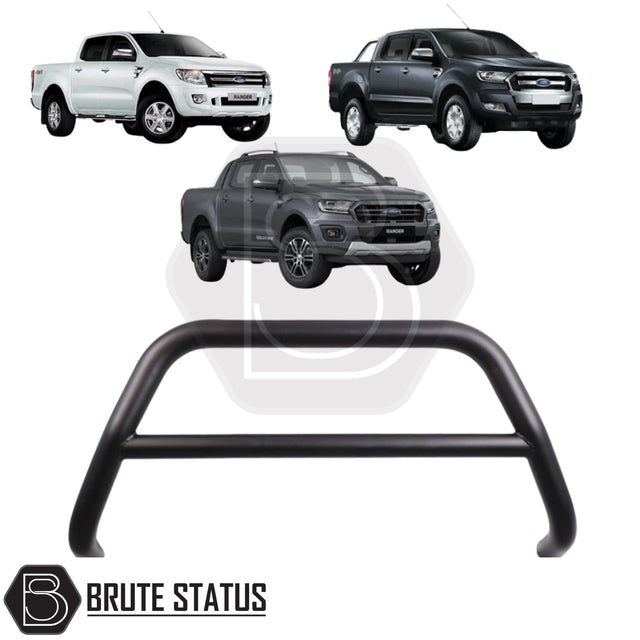 Matte black nudge bar fitted to a 2012–2022 Ford Ranger, made from durable carbon steel to enhance styling and provide bumper protection, with a TÜV-certified, no-drill, DIY installation using chassis-mounted U-brackets.