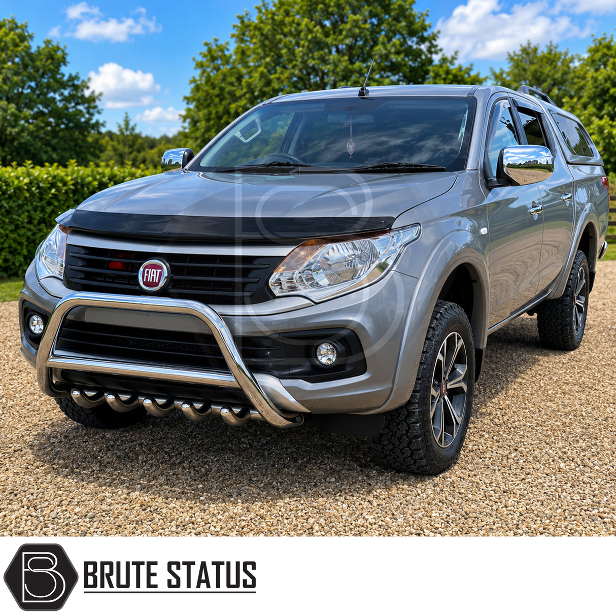 Premium chrome bull bar for Fiat Fullback pickup truck featuring TÜV certification and no-drill installation