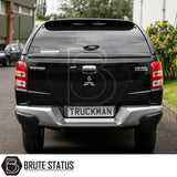 Mitsubishi Triton with Truckman Grand Hardtop Canopy featuring remote locking, enhancing storage and security. Tailgate displays Mitsubishi branding and TRUCKMAN license plate.