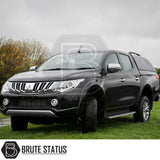 Fiat Fullback/Mitsubishi L200 2015-2021 Truckman RS hardtop canopy with glazed rear window, remote locking, solid sides for enhanced security on a black pickup.