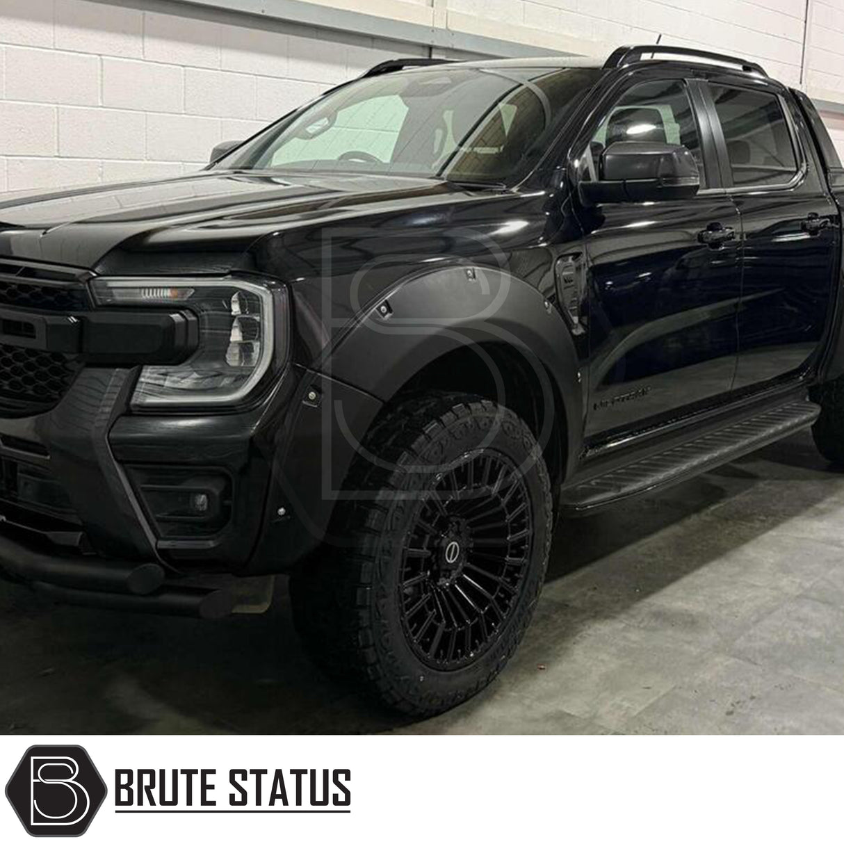 Ford Ranger 2023+ wide ABS wheel arches with chrome rivets and no-drill 3M tape fitment, paired with 35mm hub-centric 6061-T6 alloy wheel spacers with M12x1.5 studs for increased track and clearance