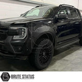 Ford Ranger 2023+ wide ABS wheel arches with chrome rivets and no-drill 3M tape fitment, paired with 35mm hub-centric 6061-T6 alloy wheel spacers with M12x1.5 studs for increased track and clearance