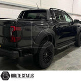 Ford Ranger 2023+ wide ABS wheel arches with chrome rivets and no-drill 3M tape fitment, paired with 35mm hub-centric 6061-T6 alloy wheel spacers with M12x1.5 studs for increased track and clearance