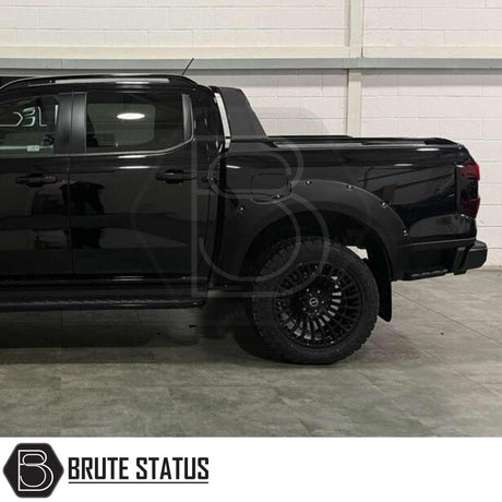 Ford Ranger 2023+ wide ABS wheel arches with chrome rivets and no-drill 3M tape fitment, paired with 35mm hub-centric 6061-T6 alloy wheel spacers with M12x1.5 studs for increased track and clearance