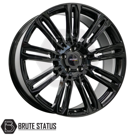 Wolfhart Flowformed RR1 Gloss Black 22x9.5 Wheel Set – Set of 4 high-performance alloy wheels, 5x120 PCD, ET37 offset, 65.1mm centre bore, 1050kg load rating, includes wheel nuts and spigot rings, suitable for trucks and SUVs.