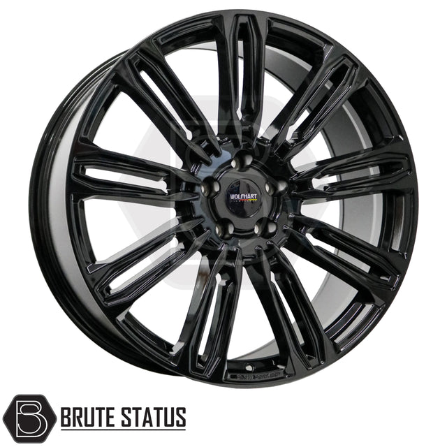 Wolfhart Flowformed RR1 Gloss Black 22x9.5 Wheel Set – Set of 4 high-performance alloy wheels, 5x120 PCD, ET37 offset, 65.1mm centre bore, 1050kg load rating, includes wheel nuts and spigot rings, suitable for trucks and SUVs.