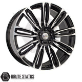 Wolfhart Flowformed RR1 Gloss Black with Polished Face Wheels – Premium 22x9.5 flow-formed wheels, 5x120 bolt pattern, ET37 offset, 1050kg load rating, centre bore 65.1mm, complete set of 4 with accessories for secure installation.