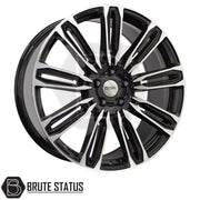 Wolfhart Flowformed RR1 Gloss Black with Polished Face Wheels – Premium 22x9.5 flow-formed wheels, 5x120 bolt pattern, ET37 offset, 1050kg load rating, centre bore 65.1mm, complete set of 4 with accessories for secure installation.