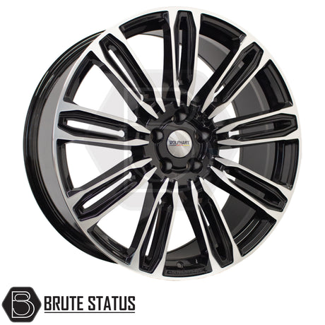Wolfhart Flowformed RR1 Gloss Black with Polished Face Wheels – Premium 22x9.5 flow-formed wheels, 5x120 bolt pattern, ET37 offset, 1050kg load rating, centre bore 65.1mm, complete set of 4 with accessories for secure installation.