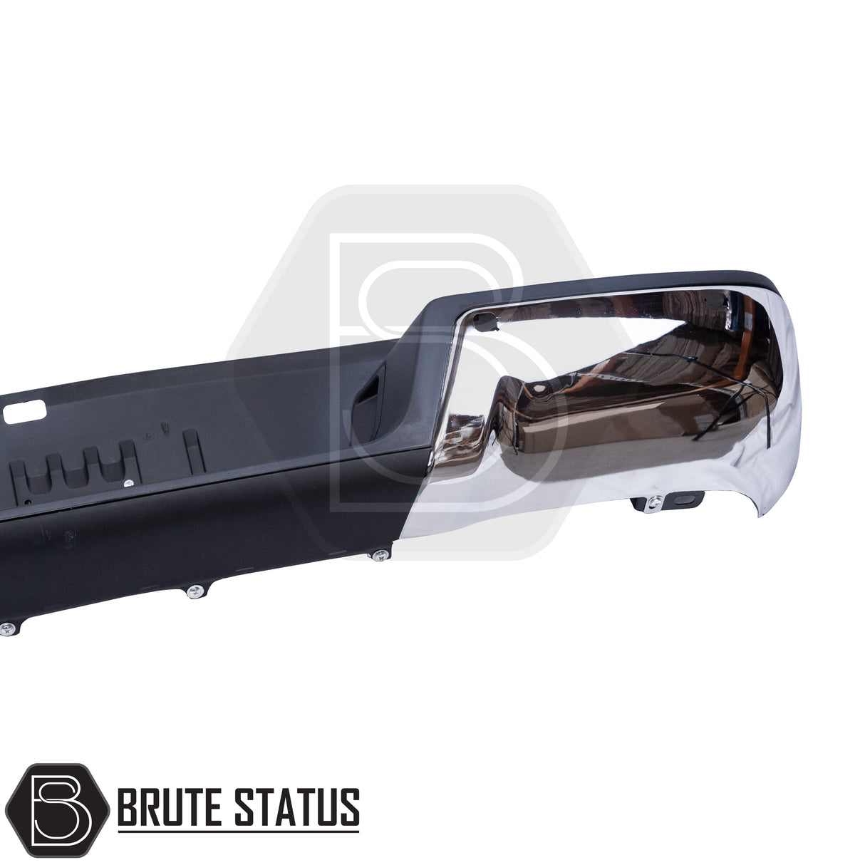 Brute Status chrome rear bumper for Ford Ranger 2012–2022 with parking sensor compatibility and non-slip step pads