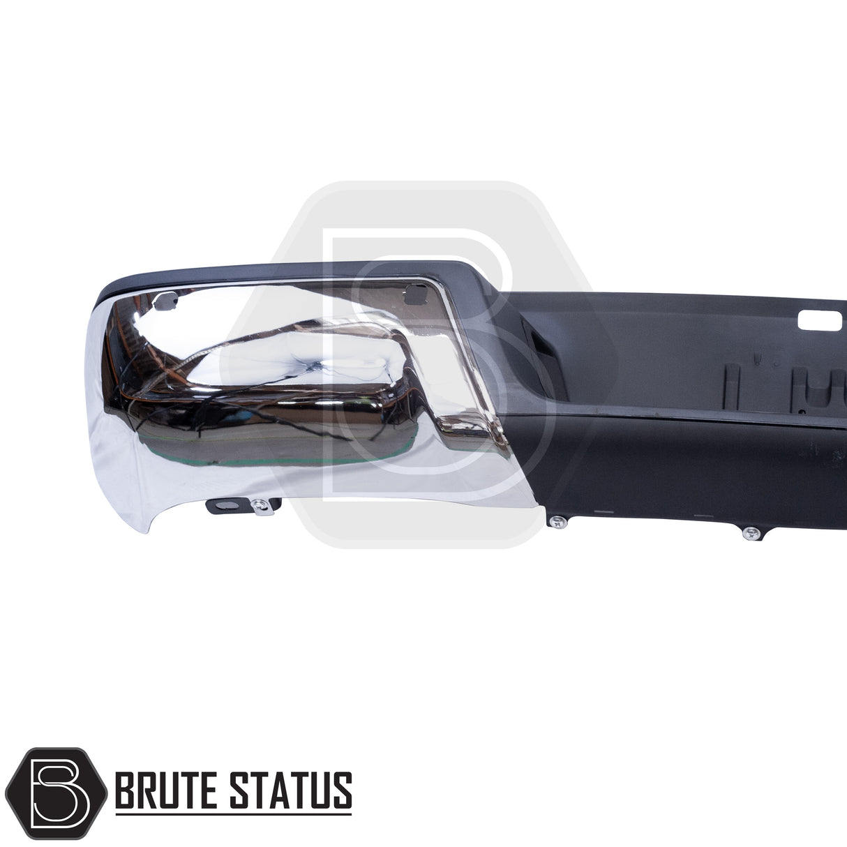 Brute Status chrome rear bumper for Ford Ranger 2012–2022 with parking sensor compatibility and non-slip step pads