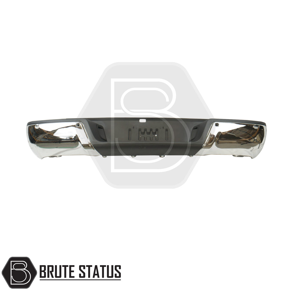 Brute Status chrome rear bumper for Ford Ranger 2012–2022 with parking sensor compatibility and non-slip step pads