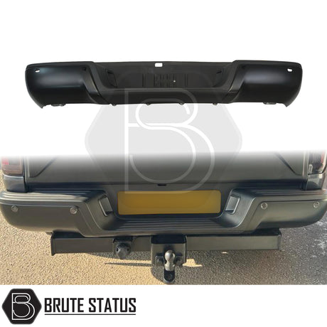 Brute Status black rear bumper for Ford Ranger 2012–2022 with parking sensor compatibility and non-slip step pads