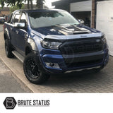 Matte black Raptor-style bonnet scoop for Ford Ranger 2015–2022, made from impact-resistant plastic with easy 3M tape installation and no drilling required