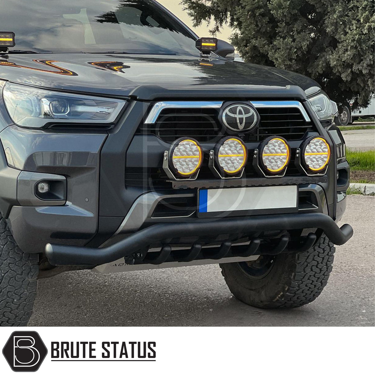 Matte black stainless steel city bar fitted to a Volkswagen Amarok (2023+), enhancing the vehicle's front-end look while providing bumper protection. Made from T304 stainless steel with easy, no-drill DIY installation, included fixings, and TÜV certification
