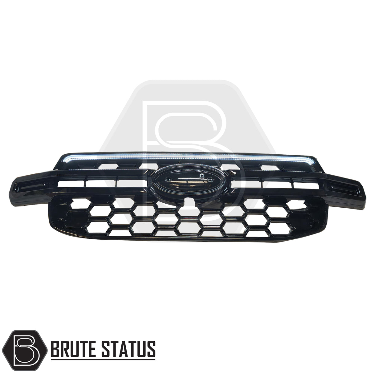 Ford Ranger 2023+ T9 Gloss Black Grille with Dynamic White LED Strip, featuring honeycomb design and integrated LED, perfect for truck customization.