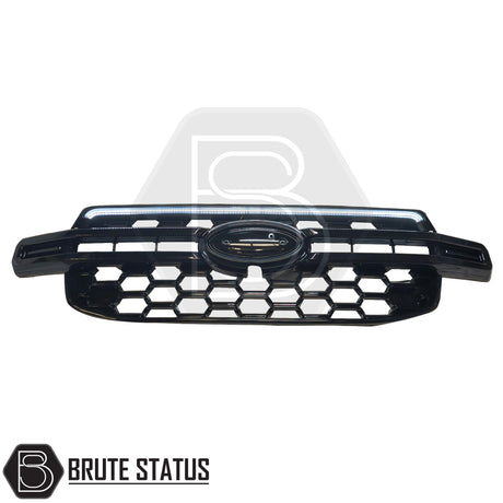 Ford Ranger 2023+ T9 Gloss Black Grille with Dynamic White LED Strip, featuring honeycomb design and integrated LED, perfect for truck customization.