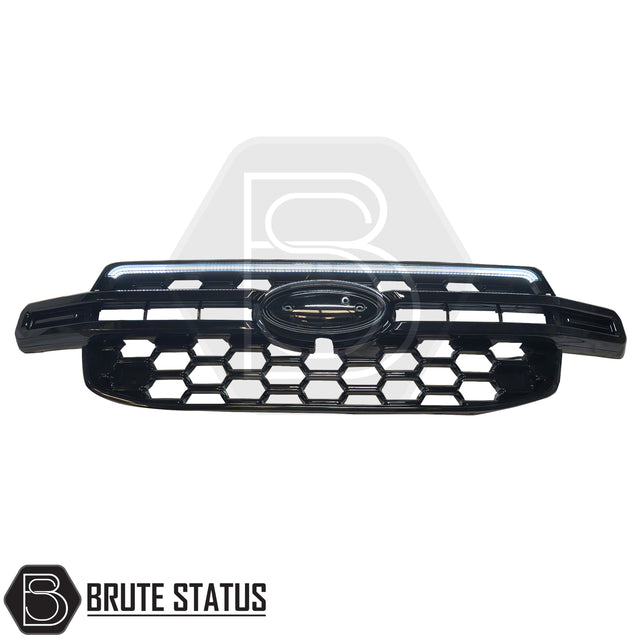 Ford Ranger 2023+ T9 Gloss Black Grille with Dynamic White LED Strip, featuring honeycomb design and integrated LED, perfect for truck customization.
