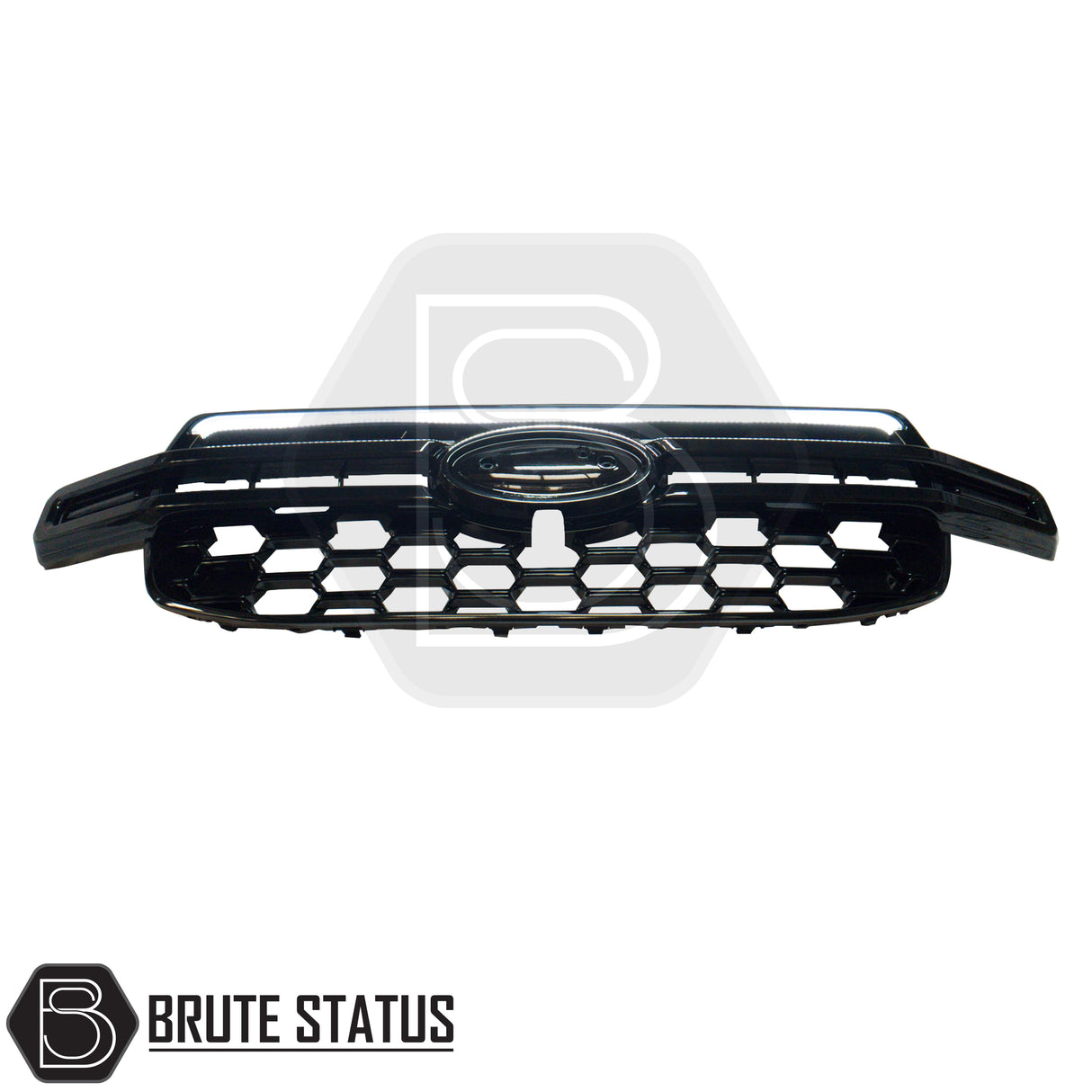 Ford Ranger 2023+ T9 Gloss Black Grille with honeycomb mesh, dynamic white LED strip, and oval badge area, branded by Brute Status.