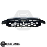 Ford Ranger 2023+ T9 Gloss Black Grille with honeycomb mesh, dynamic white LED strip, and oval badge area, branded by Brute Status.