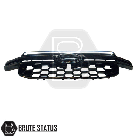 Ford Ranger 2023+ T9 Gloss Black Grille with honeycomb mesh, dynamic white LED strip, and oval badge area, branded by Brute Status.