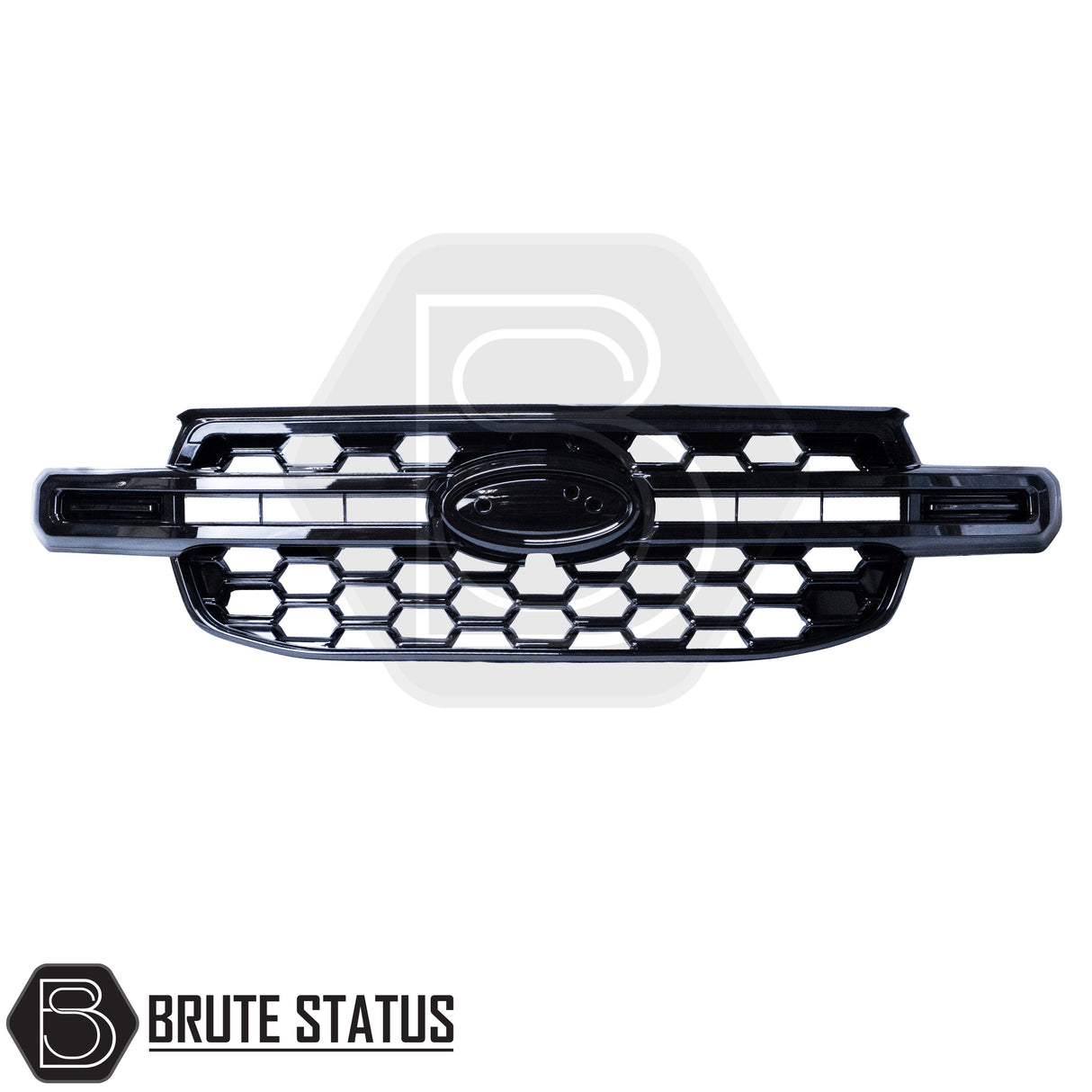 Ford Ranger 2023+ T9 Gloss Black Grille with honeycomb design, dynamic white LED strip, and central badge recess, enhancing truck's rugged look.