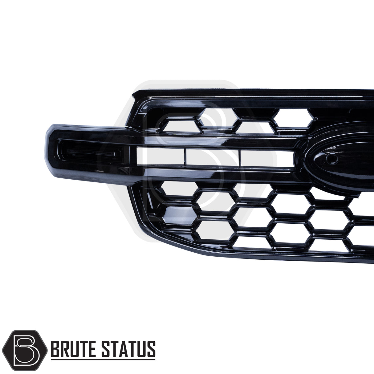 Ford Ranger 2023+ T9 Gloss Black Grille with Dynamic White LED Strip, featuring a honeycomb pattern and central badge recess, by Brute Status.