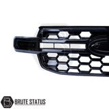 Ford Ranger 2023+ T9 Gloss Black Grille with Dynamic White LED Strip, featuring a honeycomb pattern and central badge recess, by Brute Status.