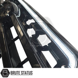 Ford Ranger 2023+ T9 Gloss Black Grille featuring a black slatted design, integrated dynamic white LED strip, and Brute Status logo at the bottom.