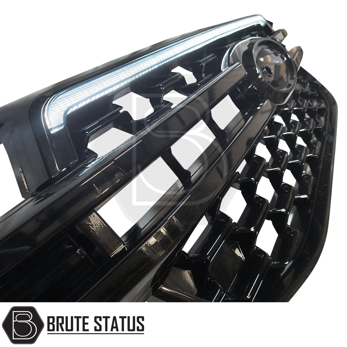 Ford Ranger 2023+ T9 Gloss Black Grille with Dynamic White LED Strip, featuring gloss finish and built-in LED, branded Brute Status for a distinctive aftermarket look.