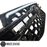 Ford Ranger 2023+ T9 Gloss Black Grille with Dynamic White LED Strip, featuring gloss finish and built-in LED, branded Brute Status for a distinctive aftermarket look.
