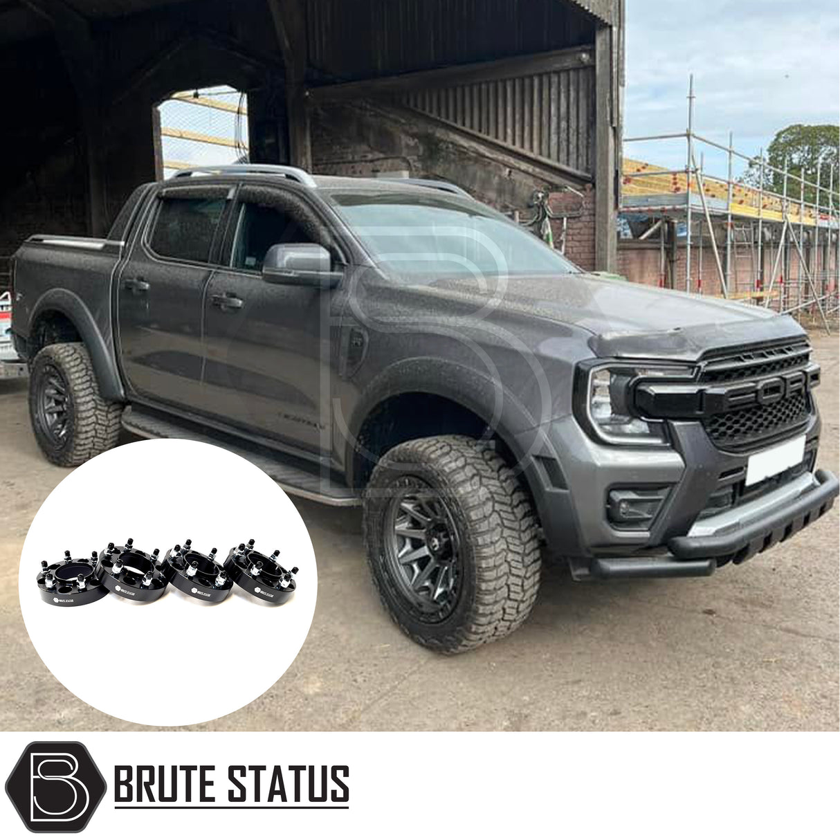 Ford Ranger 2023+ wide wheel arch kit and 35mm hub-centric wheel spacers. Smooth black ABS arches with rubber seal, adding approximately 75–85mm extra width per side, designed with a Raptor-style look. Includes durable 35mm 6061-T6 alloy wheel spacers with pre-installed M12 x 1.5 studs to increase track width and improve stability