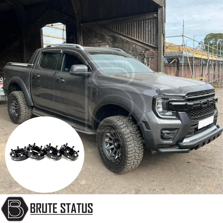 Ford Ranger 2023+ wide wheel arch kit and 35mm hub-centric wheel spacers. Smooth black ABS arches with rubber seal, adding approximately 75–85mm extra width per side, designed with a Raptor-style look. Includes durable 35mm 6061-T6 alloy wheel spacers with pre-installed M12 x 1.5 studs to increase track width and improve stability