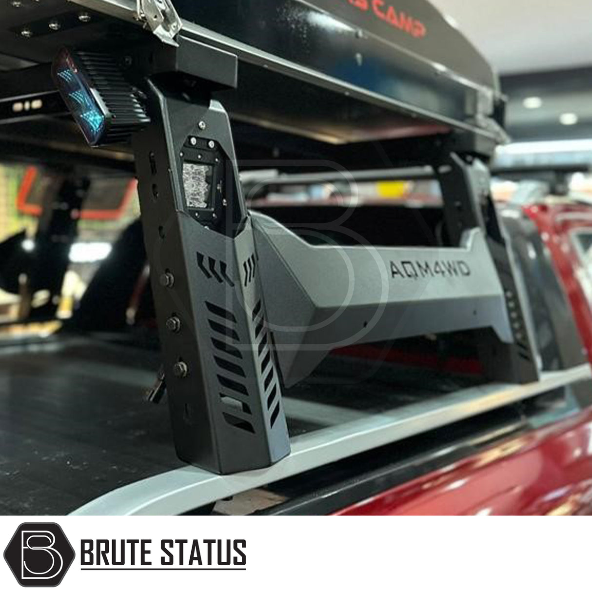 "Matte black tent roll bar with 4 integrated square LEDs, designed for 2015–2022 Ford Ranger Wildtrak models with pre-installed sports bars