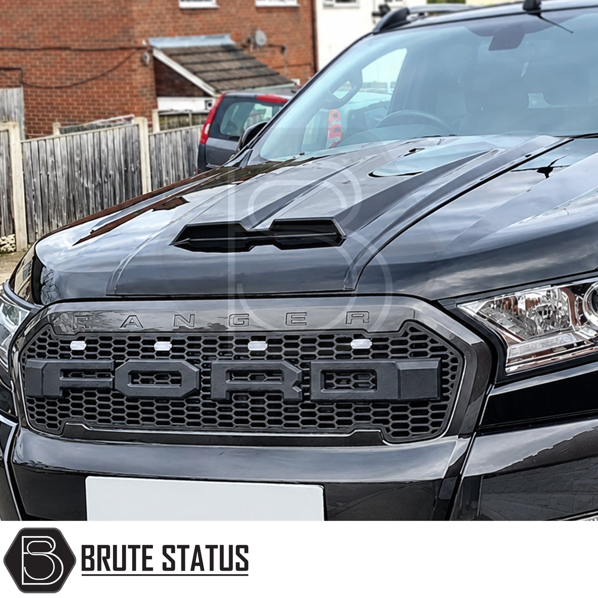 Ford Ranger 2015-2022 facelift smooth black muscle bonnet scoop with impact resistant plastic construction and no drill 3M adhesive fitment