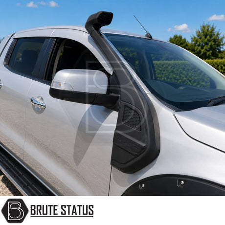 Black strong matte ABS plastic snorkel fitted to Ford Ranger pickup truck offroad 4x4 vehicle. Suitable for extreme overlanding set ups. 
