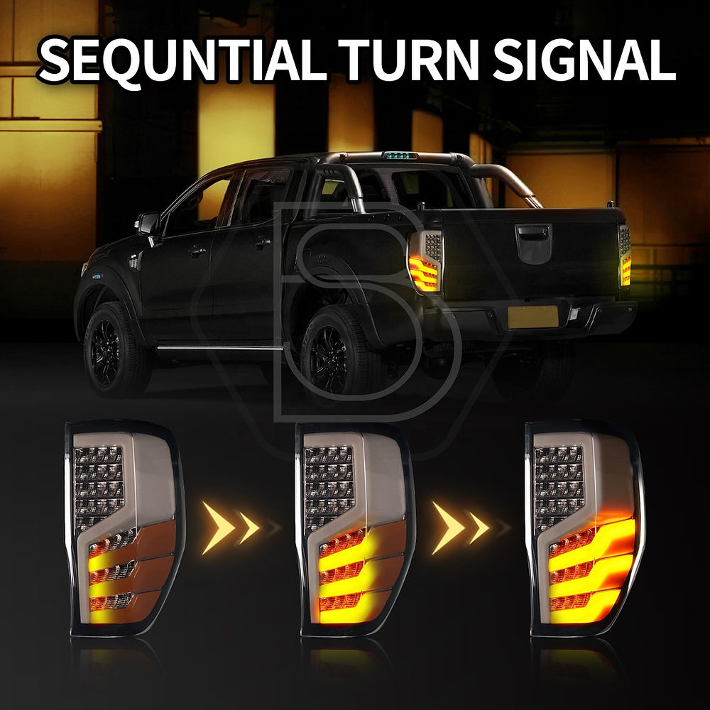 Ford Ranger 2012-2022 LED rear tail light upgrade with smoked lenses sequential indicators and matching left and right lamp units. 