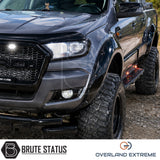 Ford Ranger 2012-2022 T6 T7 T8 gloss black wide arch kit, Overland Extreme riveted style wheel arch extensions for Double Cab pickup trucks.