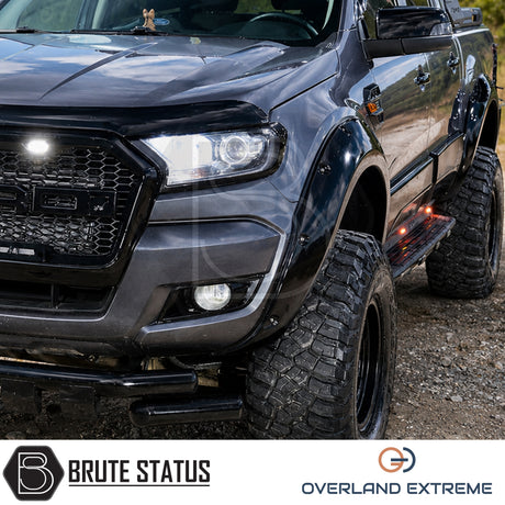 Ford Ranger 2012-2022 T6 T7 T8 gloss black wide arch kit, Overland Extreme riveted style wheel arch extensions for Double Cab pickup trucks.