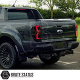 Brute Status black rear bumper for Ford Ranger 2012–2022 with parking sensor compatibility and non-slip step pads