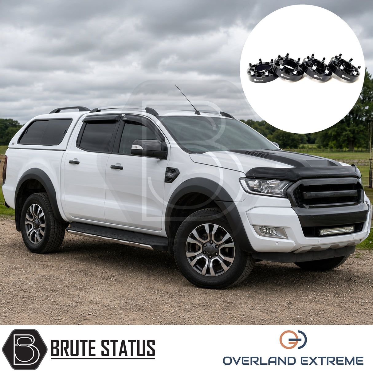 Ford Ranger 2012-2022 smooth wide wheel arch kit with 35mm hubcentric wheel spacers, matte black ABS arch extensions for Double Cab pickup trucks.