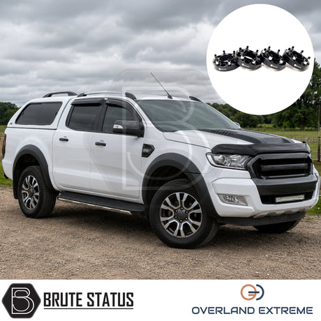 Ford Ranger 2012-2022 smooth wide wheel arch kit with 35mm hubcentric wheel spacers, matte black ABS arch extensions for Double Cab pickup trucks.