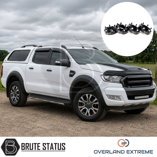 Ford Ranger 2012-2022 smooth wide wheel arch kit with 35mm hubcentric wheel spacers, matte black ABS arch extensions for Double Cab pickup trucks.