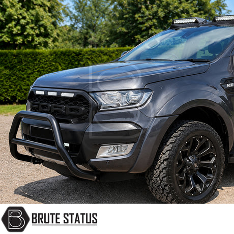 Ford Ranger 2012-2022 bull bar in matte black with heavy-duty carbon steel construction and enhanced front bumper protection