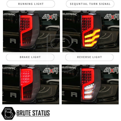 Ford Ranger 2012-2022 smoked LED tail lights matching pair with sequential indicators and plug and play OEM style wiring connectors. 