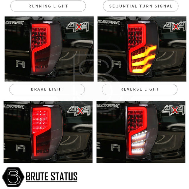 Ford Ranger 2012-2022 smoked LED tail lights matching pair with sequential indicators and plug and play OEM style wiring connectors. 