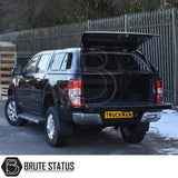 Ford Ranger 2012-2022 Truckman GLS Hardtop Canopy with remote locking and roof bars on a black double-cab pickup, showcasing open load bed and canopy features.